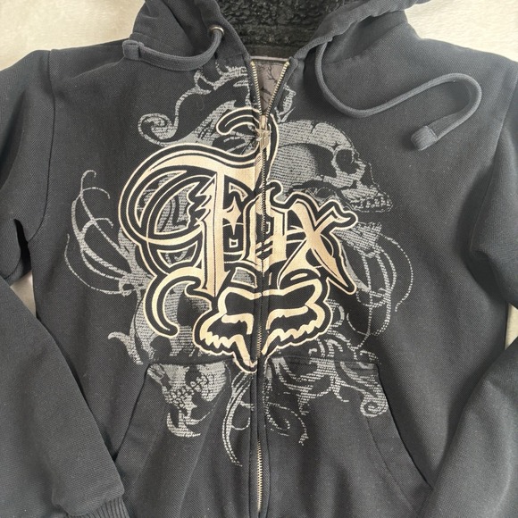 VTG Y2K Fox Sasquatch Skull Hoodie Long Sleeve Black Full Zip Women's Small - Picture 2 of 10